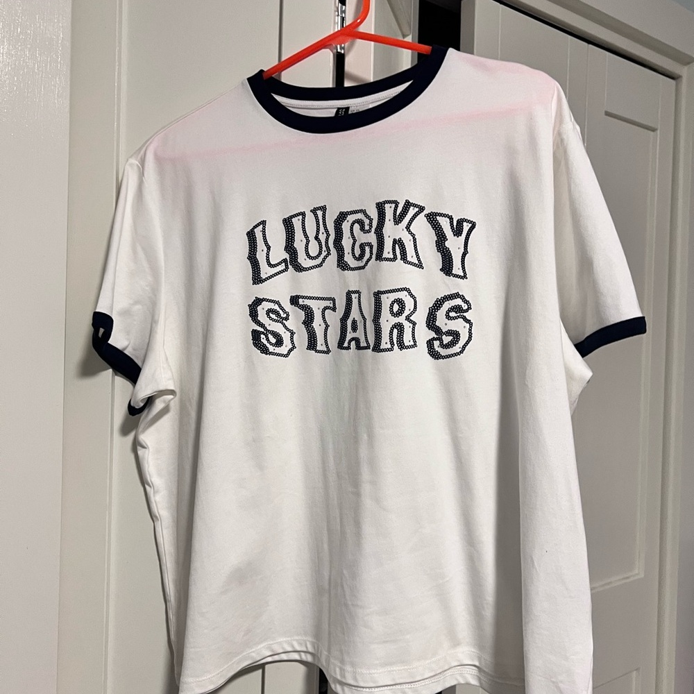 H&M White Tee with Black Trim - Lucky Stars